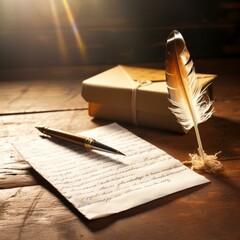 A quill pen and a fountain pen on a wooden table with a letter