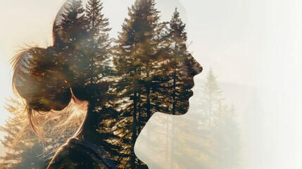 Double exposure of a woman's head and a coniferous forest landscape. Creative concept of ecology, beauty, feminine energy, purity of thoughts, meditation