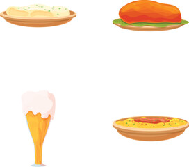 Lunch food icons set cartoon vector. Various dish and dessert. Meal, nutrition