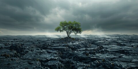 A lone tree stands in a vast, cracked earth field