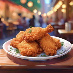 Fried chicken on white plate, illustration.