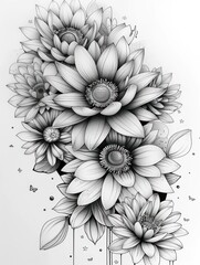 Black and white drawing of a bouquet of flowers