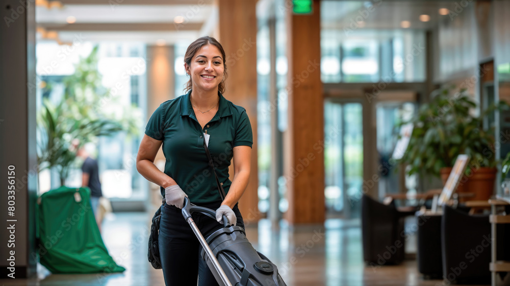 Wall mural female cleaner with cleaning cart in modern office building