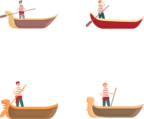 Gondola icons set cartoon vector. Italian boat with gondolier. Europe traveling - obrazy, fototapety, plakaty