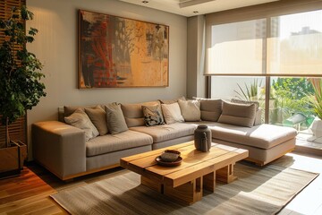 Living room interior in gray and brown colors features gray sofa atop dark hardwood floors facing stone fireplace with built-in shelves.