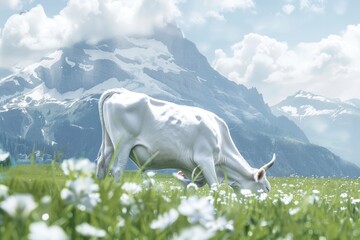 Beautiful cows graze in a flowering meadow against the backdrop of the Alpine mountains. Domestic cattle, organic milk for making cheeses and chocolate