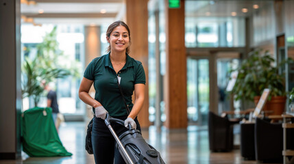 female cleaner with cleaning cart in modern office building