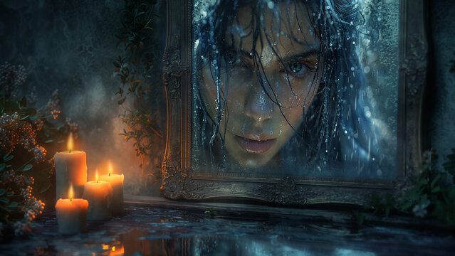 A mystical mirror with the reflection of a woman in a room with candles