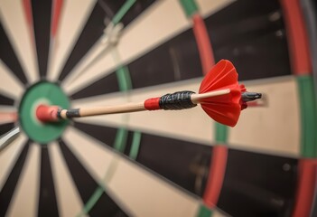 A dart board with darts hitting the bullseye, against a blurred background