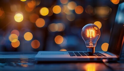 A light bulb glowing brightly beside an open laptop, symbolizing innovation and ideas in business technology Generative AI