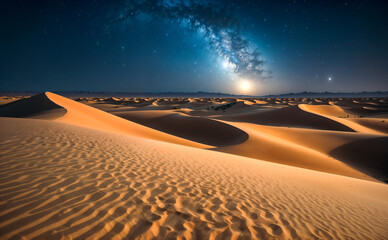 Naklejka premium Celestial Canvas: Drone Captures Moonlit Desert Beauty