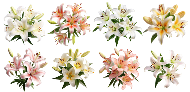 Set of elegant blooming lilies with buds, cut out