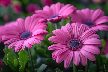 Obraz premium A cluster of pink flowers with vibrant green leaves in a garden setting