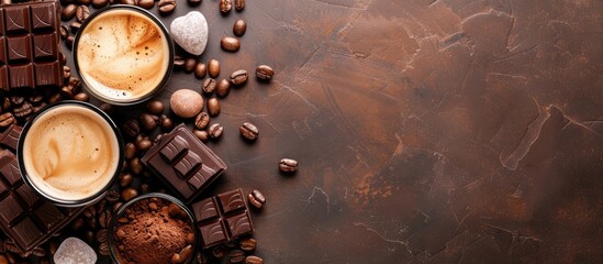 Different coffee and chocolate beverages with coffee beans spread out on a brown backdrop. Space...