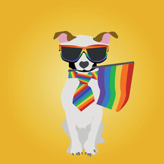 Yellow Background, Puppy sitting holding rainbow flag.