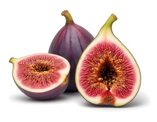 Two ripe figs, one whole and one cut in half, revealing the bright flesh and seeds inside