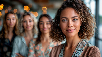 Fototapeta premium A diverse group of women standing together, smiling at the camera.