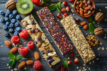 Fototapeta premium Three superfood granola bars with nuts and fruit on a rustic wooden table