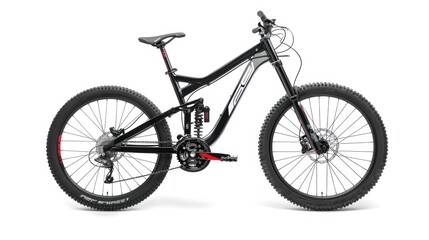 Obraz premium Dual Suspension Black Down Hill Mountain Bike With white and red decal
