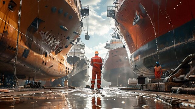 Ship repair mechanic working in a bustling shipyard surrounded by massive vessels, showcasing the industrial setting and tools of the trade