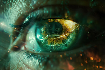 All seeing eye concept. Close up view of human green eye with sparkling fireworks in reflection. Outdoor shot