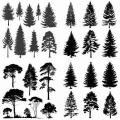 black tree silhouette set pure badge eco outline recreation breath emblem label protection graphic pine trunk woodland