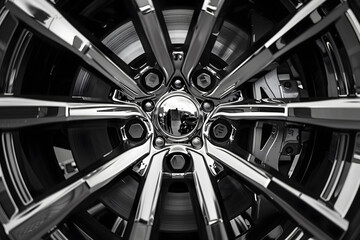 Close up of a wheel from a car. Head on view of clean chrome wheel rim. 