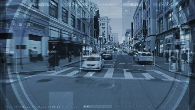 Computer Vision Interface With Object Detection System That Creates Boxes to Recognize Different Objects in the Streets. Artificial Intelligence System For Security Proposes. AR over Los Angeles.