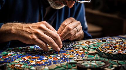 The craftsman carefully arranges colorful mosaic tiles on a patterned surface.