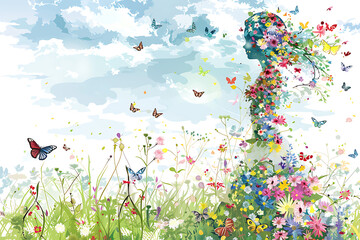 abstract silhouette of woman profile, head and hair is made of flowers and butterflies on sky background, spring summer love concept, dream wallpaper