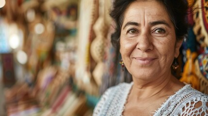 The close up picture of the middle eastern boutique shop owner looking at the camera at the market, boutique shop owner require skill like financial management, creative and customer service. AIG43.
