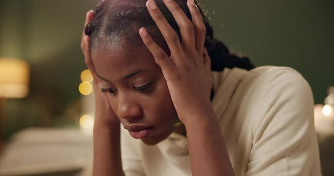 Black girl, thinking and sad or tired in home for academic pressure, self esteem or anxiety and depression of break up. Woman, fatigue and burnout of school or unhappy of broken heart and stressed.