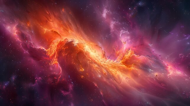 Show the dramatic and powerful merging of two galaxies, using a vivid and dynamic abstract composition to convey the enormity of the event.