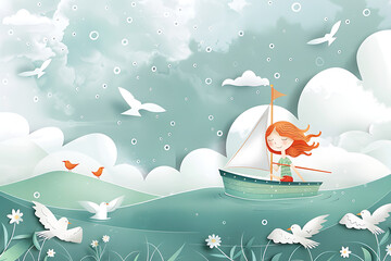 Naklejka premium girl sailing boat in the sea, waves and gulls around, illustration book picture style, adventure travel story background, concept of fairytale, kid wallpaper