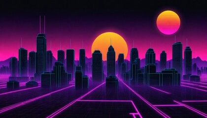 3d model A retro sunset cityscape with silhouettes (5)