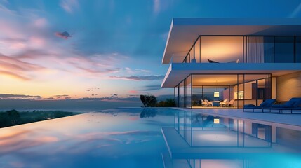 Fototapeta premium Private Infinity Pool Modern Luxury House at Dusk