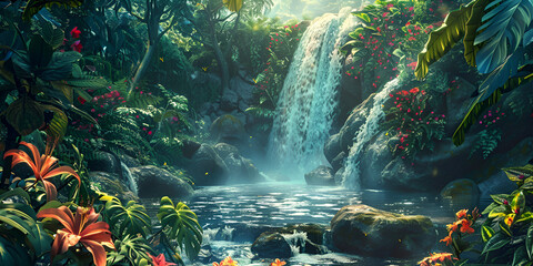 tropical waterfall Amazing waterfall background Majestic Waterfall Lush Rainforest Paradise Wallpaper Jungle waterfall cascade in tropical rainforest with rock and turquoise blue pond