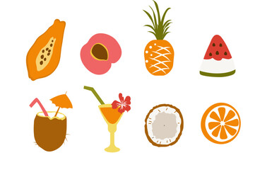 Set of tropical fruits and cocktails. Vector illustration in flat style on a white background