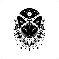 Naklejka premium Siamese cat silhouette in bohemian, boho, nature illustration