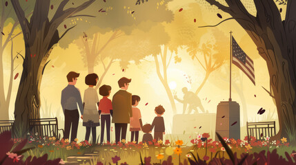 Family Laying Flowers at War Memorial, Sunrise