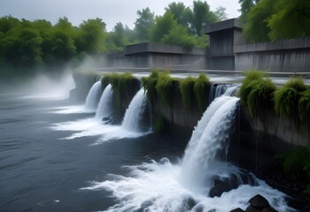 A flowing waterfall with multiple cascades of water rushing over a concrete structure, surrounded by lush greenery in the background