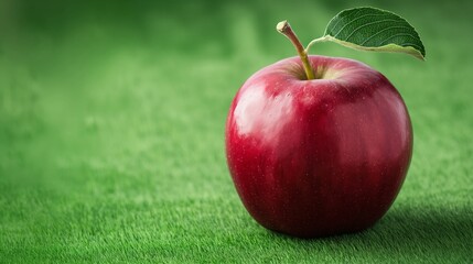 A perfectly shaped, glossy red apple with a single leaf still attached, placed on a lush green background.