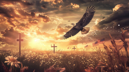 Memorial Day Poster with Soaring Eagle and Crosses