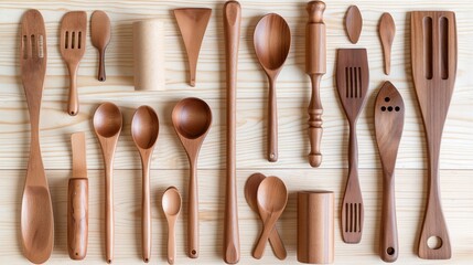 An array of finely crafted, wooden kitchen utensils, including spoons, spatulas, and a rolling pin, arranged on a light wood studio background. - Powered by Adobe