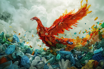 Fototapeta premium Phoenix Rising from Plastic Waste, Artistic Renewal Concept