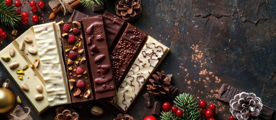 Festive chocolates for Christmas featuring bars with forest berries on a seasonal backdrop. A mix of white, dark, and milk chocolate varieties combined with pistachio nuts.