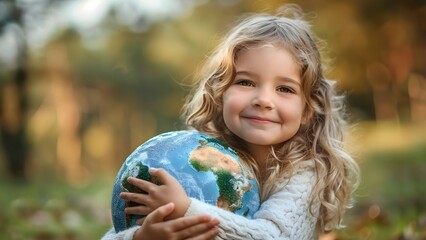 Young girl embraces Earth model for World Childrens Day promotion. Concept World Children's Day, Earth Conservation, Promotional Campaign, Young Girl, Embracing Model