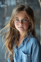 Obraz premium Young Girl in Glasses Standing by Chalkboard