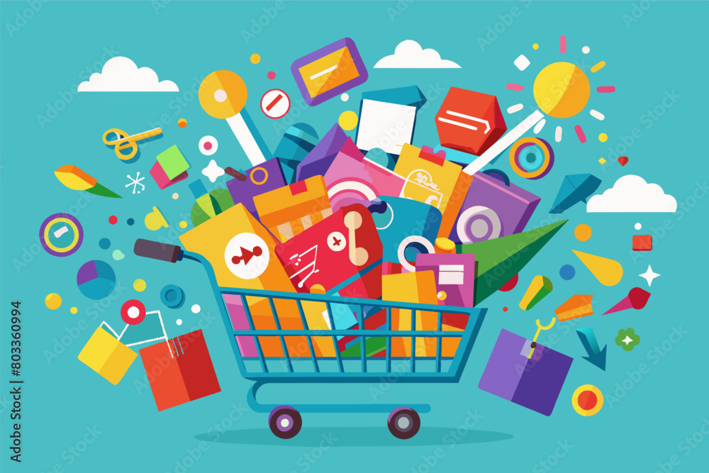 Fototapete search bar filled with colorful keywords flows seamlessly into a shopping cart overflowing with purc