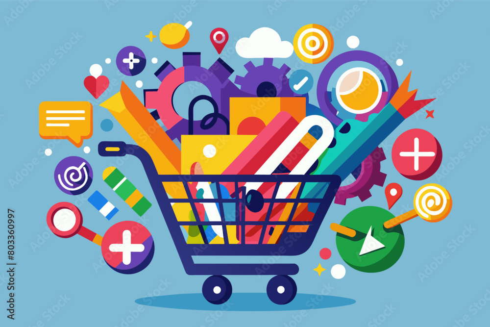 Fototapete search bar filled with colorful keywords flows seamlessly into a shopping cart overflowing with purc